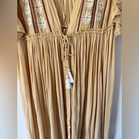 Free People Bali Will Wait For You Yellow Embroidered Gauzy Midi Dress Sz Medium - Picture 6 of 13
